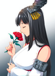 Rule 34 | 1girl, black hair, closed eyes, commentary request, detached sleeves, flower, fusou (kancolle), gradient background, hair ornament, highres, holding, holding flower, japanese clothes, kantai collection, kawamura tsukasa, long hair, nontraditional miko, red flower, smelling flower, solo, upper body, wide sleeves