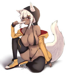 Rule 34 | 1girl, absurdres, animal ear fluff, animal ears, bikini, black bikini, black thighhighs, breasts, dark-skinned female, dark skin, ears through headwear, extra ears, food, hair ornament, hairclip, highres, holding, holding food, hood, hooded jacket, ice cream, jacket, large breasts, long sleeves, mole, mole on breast, open clothes, open jacket, original, popsicle, red eyes, sho (wnmf3234), shoes, short hair, short hair with long locks, sidelocks, sitting, sneakers, solo, swimsuit, tail, thighhighs, white hair, yellow jacket, yellow neckwear