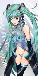 Rule 34 | 1girl, aqua eyes, aqua hair, bad id, bad pixiv id, detached sleeves, female focus, gradient background, hatsune miku, highres, huster ham, long hair, no pants, panties, solo, striped clothes, striped panties, thighhighs, twintails, underwear, very long hair, vocaloid