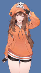 Rule 34 | 1girl, anchor, arc system works, black gloves, black shorts, blue background, brown eyes, brown hair, cheshirrr, commentary request, fingerless gloves, gloves, guilty gear, hat, highres, hood, hoodie, long hair, looking at viewer, may (guilty gear), one eye closed, open mouth, orange hat, orange hoodie, pirate hat, short shorts, shorts, simple background, skull and crossbones, smile, solo, thighs