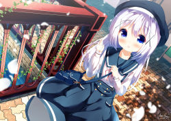 Rule 34 | 1girl, :d, bag, beret, black hat, blue eyes, blue sailor collar, blue skirt, blush, canal, chinomaron, commentary request, day, dutch angle, gochuumon wa usagi desu ka?, hair between eyes, hair ornament, hand up, hat, kafuu chino, long hair, long sleeves, looking at viewer, neck ribbon, open mouth, outdoors, petals, plant, railing, red ribbon, ribbon, sailor collar, shirt, shoulder bag, signature, skirt, sleeves past wrists, smile, solo, suspender skirt, suspenders, very long hair, water, white hair, white shirt, x hair ornament