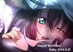 Rule 34 | 10s, 2girls, absurdres, blanket, blush, dated, eye focus, eye reflection, green eyes, happy birthday, highres, kurosawa dia, kurosawa ruby, looking at viewer, love live!, love live! sunshine!!, mole, multiple girls, one eye closed, out of frame, red hair, reflection, sleepy, solo focus, twintails, two side up, yuuki (nijiiro palette)