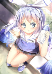 Rule 34 | 1girl, bad id, bad pixiv id, bare arms, bare shoulders, bench, black skirt, blue eyes, blue footwear, blue hair, blue shirt, blush, bottle, brand name imitation, commentary request, day, fingernails, from above, gochuumon wa usagi desu ka?, hair ornament, hair ribbon, hand up, highres, holding, holding bottle, kafuu chino, kneehighs, long hair, looking at viewer, looking up, natuna natu, on bench, outdoors, parted lips, pleated skirt, pocari sweat, pom pom (cheerleading), ribbon, shirt, shoes, sitting, skirt, sleeveless, sleeveless shirt, socks, solo, twintails, very long hair, water bottle, white ribbon, white socks, x hair ornament