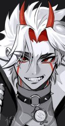 Rule 34 | 1boy, arataki itto, choker, facepaint, fangs, genshin impact, hair between eyes, highres, horns, limited palette, long hair, looking at viewer, male focus, multicolored hair, o-ring, o-ring choker, portrait, red eyes, signature, simple background, solo, spiked choker, spikes, thick eyebrows, vision (genshin impact), wamosukeda
