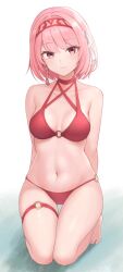 Rule 34 | 1girl, alternate costume, arms behind back, aura (aurapls), bare arms, bare shoulders, barefoot, bikini, braid, breasts, choker, closed mouth, fire emblem, fire emblem engage, hairband, halterneck, highres, lapis (fire emblem), looking at viewer, medium breasts, multi-strapped bikini, navel, nintendo, o-ring, o-ring bikini, pink hair, red bikini, red choker, red eyes, seiza, short hair, simple background, sitting, smile, solo, stomach, string bikini, swimsuit, thigh strap, thighs, white background