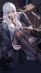 Rule 34 | 1girl, boots, breasts, chair, choker, cleavage, collarbone, collared shirt, familiar, feet on table, highres, indoors, jacket, large breasts, long hair, looking at viewer, necktie, open clothes, open jacket, original, parted lips, pointy ears, purple eyes, shirt, shorts, sidelocks, single boot, sitting, solo, swd3e2, table, thigh strap, thighhighs, white hair