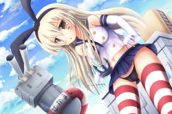 Rule 34 | 10s, 1girl, :3, :o, anchor, bad id, bad pixiv id, black panties, blonde hair, elbow gloves, gloves, hair ornament, hifumi (kajihihumi), innertube, kantai collection, long hair, looking at viewer, md5 mismatch, navel, panties, panty lift, personification, rensouhou-chan, resolution mismatch, sailor collar, shimakaze (kancolle), striped clothes, striped thighhighs, swim ring, thighhighs, underwear, white gloves