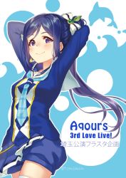 Rule 34 | 1girl, arms behind head, arms up, blue hair, blue necktie, blue shorts, bow, commentary request, dolphin print, earrings, group name, hair bow, hair ornament, jewelry, leaf hair ornament, long hair, looking at viewer, love live!, love live! sunshine!!, matsuura kanan, mirai no bokura wa shitteru yo, necktie, outline, plaid necktie, plaid neckwear, ponytail, purple eyes, short shorts, shorts, sidelocks, smile, solo, tomiwo, twitter username, white outline