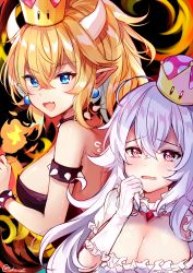 Rule 34 | 2girls, @ @, armlet, bare shoulders, black dress, blonde hair, blue eyes, blush, bowsette, bracelet, breasts, cleavage, collar, commentary request, detached collar, dress, earrings, elbow gloves, fang, frilled collar, frilled dress, frilled gloves, frilled sleeves, frills, fukunoki tokuwa, gloves, hand on own chin, highres, horns, jewelry, large breasts, long hair, looking at viewer, luigi&#039;s mansion, mario (series), multiple girls, new super mario bros. u deluxe, nintendo, open mouth, pointy ears, ponytail, princess king boo, puffy short sleeves, puffy sleeves, purple eyes, short sleeves, sidelocks, sleeveless, sleeveless dress, smile, spiked armlet, spiked bracelet, spiked collar, spikes, strapless, strapless dress, super crown, tilted headwear, twitter username, upper body, wavy mouth, white hair