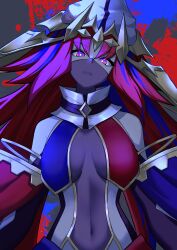 1girl absurdres bare_shoulders beyond_the_pendulum blue_hair breasts cleavage duel_monster exceed_the_pendulum glowing glowing_eyes grey_background hat highres mask mouth_mask navel noagen purple_eyes red_hair see-through_clothes see-through_cleavage solo upper_body white_hat yu-gi-oh!