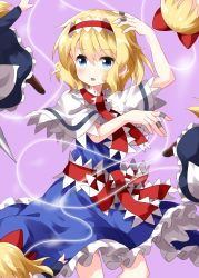 Rule 34 | 5girls, alice margatroid, apron, arm up, blonde hair, blue dress, blue eyes, blush, boots, bow, brown footwear, capelet, commentary request, cowboy shot, doll, dress, hair between eyes, hair bow, hairband, highres, looking at viewer, multiple girls, open mouth, petticoat, puppet strings, purple background, red bow, red hairband, red neckwear, red sash, ruu (tksymkw), sash, shanghai doll, short hair, simple background, standing, touhou, waist apron, white apron, white capelet