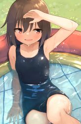 Rule 34 | 1girl, arm up, bare arms, bare shoulders, black one-piece swimsuit, blush, breasts, brown hair, centi mnkt, commentary request, day, feet out of frame, grass, hair between eyes, highres, old school swimsuit, one-piece swimsuit, open mouth, original, outdoors, partially submerged, red eyes, school swimsuit, sitting, small breasts, solo, swimsuit, wading pool, water, wet