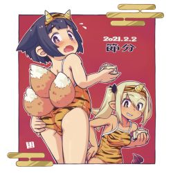 Rule 34 | 2girls, animal print, black hair, blunt bangs, border, dated, demon tail, embarrassed, fake horns, fang, female focus, fox tail, from behind, grin, hairband, hand on own ass, horns, kukuri (mawaru), leotard, looking back, mawaru (mawaru), multiple girls, multiple tails, oni costume, oni horns, open mouth, original, print hairband, purple eyes, red background, side ponytail, smile, tail, tiger print, white background, white border