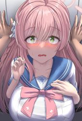 Rule 34 | 1girl, blue archive, blue sailor collar, blush, bow, bowtie, braid, breasts, green eyes, hair between eyes, hair bow, halo, hanako (blue archive), highres, kabedon, large breasts, long hair, looking at viewer, open mouth, pink hair, pov, resolution mismatch, sailor collar, shirt, short sleeves, silver bullet (ecc12 8), solo focus, source smaller, sweat, white shirt