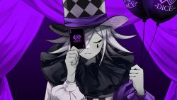 Rule 34 | alternate costume, alternate hair color, artist logo, artist name, balloon, card, checkered clothes, checkered headwear, closed eyes, curtains, danganronpa (series), danganronpa v3: killing harmony, english text, expressionless, facing viewer, flipped hair, gradient background, grey hair, hair over one eye, hands up, hat, highres, holding, holding card, long sleeves, one eye covered, oma kokichi, pastahands, playing card, puffy long sleeves, puffy sleeves, purple background, solo, teardrop tattoo, top hat, upper body