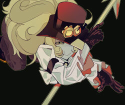 Rule 34 | 1girl, all fours, arm strap, black background, blonde hair, brown footwear, brown gloves, brown hat, brown pants, chinese commentary, closed mouth, commentary request, cookie run, frilled sleeves, frills, gloves, hat, highres, holding, humanization, long hair, long sleeves, looking at viewer, pants, ringed eyes, shoes, simple background, smile, solo, timekeeper cookie, top hat, yellow eyes, yulei yuuuuu