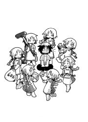Rule 34 | 1boy, 6+girls, absurdres, apron, bag, barefoot, basket, blush, braid, braided ponytail, butterfly sitting, clone, closed eyes, closed mouth, cutting hair, dress, duster, greyscale, highres, holding, holding bag, holding basket, holding clothes, holding duster, holding knife, holding scissors, holding tray, holding vacuum cleaner, knife, laundry basket, long hair, looking at another, messy hair, monochrome, multiple girls, open clothes, open mouth, open shirt, original, pants, scissors, shirt, short hair, short sleeves, simple background, sitting, smile, surrounded, tokita (jyabarachan), trash bag, tray, undershirt, vacuum cleaner
