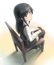 Rule 34 | 10s, 1girl, absurdres, asashio (kancolle), black thighhighs, blue eyes, blush, chair, dress, from above, gradient background, highres, kantai collection, long hair, long sleeves, looking at viewer, looking back, looking up, nedia (nedia region), parted lips, pinafore dress, pleated dress, pleated skirt, school uniform, shadow, simple background, sitting, skirt, sleeveless, sleeveless dress, solo, thighhighs, zettai ryouiki