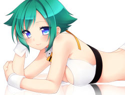 Rule 34 | 10s, 1girl, aquarion (series), aquarion evol, bad id, bad pixiv id, bare shoulders, blue eyes, blush, breasts, cleavage, cleavage cutout, clothing cutout, etou (cherry7), green hair, hair ribbon, hand in own hair, looking at viewer, lying, medium breasts, on stomach, reflection, ribbon, short hair, simple background, smile, solo, white background, wristband, zessica wong