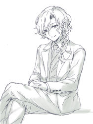 Rule 34 | 1boy, braid, closed mouth, collared shirt, crossed legs, eyebrows hidden by hair, fate/grand order, fate (series), feet out of frame, formal, greyscale, hair between eyes, hair over shoulder, highres, interlocked fingers, jacket, long sleeves, male focus, marisbury animusphere, monochrome, necktie, open clothes, open jacket, own hands together, pants, shadow, shirt, single braid, sitting, smile, solo, suit, tachitsu teto, vest, white background