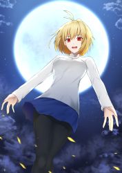 Rule 34 | 1girl, :d, antenna hair, arcueid brunestud, black pantyhose, blonde hair, blue skirt, full moon, gnlo, hair between eyes, highres, jewelry, long sleeves, looking at viewer, miniskirt, moon, necklace, night, open mouth, pantyhose, red eyes, short hair, skirt, smile, solo, sweater, tsukihime, tsukihime (remake), white sweater
