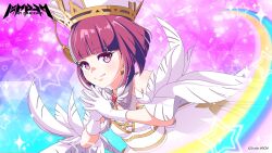 Rule 34 | 1girl, artist request, bare shoulders, bob cut, breasts, dress, earrings, feathers, hat, higashiyama akisa, highres, hime cut, jewelry, looking at viewer, magical girl, magicami, official art, official wallpaper, pink eyes, short hair, small breasts, smile, white dress