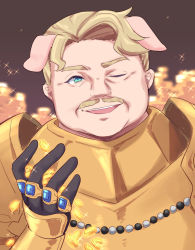 Rule 34 | 1boy, ;d, animal ears, armor, azold (princess connect!), black gloves, blonde hair, blue eyes, blue gemstone, breastplate, coin, facial hair, gauntlets, gem, gloves, gucchiann, hand up, highres, jewelry, looking at viewer, male focus, mustache, one eye closed, open mouth, pig ears, princess connect!, ring, smile, solo, sparkle, thick eyebrows, upper body