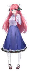 Rule 34 | 1girl, absurdres, arm behind back, black footwear, blue eyes, blue skirt, blunt bangs, blush, bow, closed mouth, collared shirt, dress shirt, footwear bow, full body, go-toubun no hanayome, gou lianlian dogface, hair ornament, highres, long hair, long skirt, long sleeves, nakano nino, pink bow, pink hair, pleated skirt, shirt, simple background, skirt, smile, solo, standing, very long hair, white background, white legwear, white shirt, wing collar