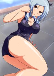Rule 34 | 00s, 1girl, aokura shou, ass, blue hair, breasts, eas (fresh precure!), fresh precure!, higashi setsuna, highres, large breasts, lying, on side, one-piece swimsuit, precure, red eyes, school swimsuit, short hair, solo, swimsuit