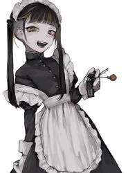 Rule 34 | 1girl, :d, apron, black dress, black hair, blunt bangs, candy, cigarette, cigarette pack, dress, fang, food, frilled apron, frills, gloves, highres, holding, holding candy, holding cigarette, holding food, holding lollipop, juliet sleeves, lollipop, long sleeves, looking at viewer, maid, maid apron, maid headdress, manuka x x, multicolored hair, open mouth, original, puffy sleeves, simple background, sleeve cuffs, smile, solo, strap slip, streaked hair, twintails, white apron, white background, white gloves, yellow eyes