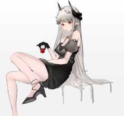 Rule 34 | 1girl, absurdres, arknights, bare shoulders, black dress, black footwear, black gloves, breasts, chouchouhei, cleavage, closed mouth, cup, detached sleeves, dress, drink, drinking glass, female focus, gloves, grey hair, hair ornament, high heels, highres, holding, holding cup, horns, invisible chair, jewelry, leg up, long hair, looking at viewer, medium breasts, mudrock (arknights), mudrock (obsidian) (arknights), necklace, official alternate costume, pointy ears, see-through, short sleeves, simple background, sitting, solo, very long hair, white background