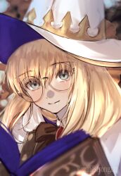 Rule 34 | 1girl, black dress, blonde hair, blue eyes, book, bow, bowtie, brooch, cloak, dress, fate/grand order, fate (series), glasses, hat, highres, jewelry, long hair, looking at viewer, minestrongzzz, round eyewear, side ponytail, solo, aesc (fate), aesc (rain witch) (fate), two-tone dress, white cloak, white dress, white hat, witch hat