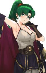 Rule 34 | 1girl, armor, armpits, bare shoulders, belt, belt buckle, blush, breasts, brown gloves, buckle, camisole, cleavage, coat, collarbone, cosplay, elbow gloves, faulds, fire emblem, fire emblem: the blazing blade, fire emblem awakening, gloves, green eyes, green hair, grey camisole, high ponytail, highres, large breasts, long hair, looking at viewer, lyn (fire emblem), nintendo, open clothes, open coat, ormille, ponytail, purple coat, robin (female) (fire emblem), robin (fire emblem), scrunchie, simple background, smile, solo, white background