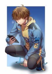 Rule 34 | 1boy, alternate costume, black choker, black pants, blue background, blue footwear, blue jacket, border, brown eyes, brown hair, cellphone, choker, commentary, english commentary, hair over one eye, holding, holding phone, hood, hoodie, jacket, kakikaki, looking at viewer, male focus, new guy (kakikaki), olverse, original, outside border, pants, phone, shadow, shoes, smartphone, sneakers, solo, squatting, sweatpants, white border, yellow hoodie