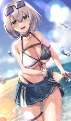 Rule 34 | 1girl, :d, absurdres, almico, arm strap, beach, bikini, bikini skirt, blue sky, blurry, blurry background, blush, breasts, cleavage, cloud, collarbone, commentary request, cowboy shot, day, eyewear on head, green eyes, hair between eyes, highleg, highleg bikini, highres, hololive, large breasts, lens flare, looking at viewer, multi-strapped bikini, navel, open mouth, sand, shirogane noel, shirogane noel (summer 2020), short hair, silver hair, skirt, sky, smile, solo, splashing, sunglasses, swimsuit, thigh strap, virtual youtuber, wading, water, water drop, wet, wringing clothes, wringing skirt