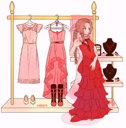 Rule 34 | 1girl, aerith gainsborough, aerith gainsborough (basic pink dress), aerith gainsborough (pink dress), aerith gainsborough (red dress), artist name, barefoot, bow, braid, braided ponytail, brown hair, clothes hanger, dress, drill hair, ecco, final fantasy, final fantasy vii, final fantasy vii remake, hair bow, highres, jewelry, necklace, pink dress, red dress, simple background, smile, toes, twin drills, wall market