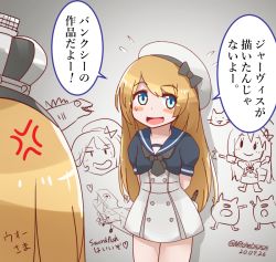Rule 34 | 2girls, aircraft, airplane, anger vein, arms behind back, batsubyou, biplane, blonde hair, blue eyes, blue sailor collar, commentary, crown, dress, enemy lifebuoy (kancolle), fairey swordfish, from behind, gloves, godzilla (series), graffiti, hat, holding, holding pencil, janus (kancolle), jervis (kancolle), kantai collection, mini crown, mitchell (dynxcb25), monster in kamata, multiple girls, pencil, sailor collar, sailor dress, sailor hat, shin godzilla, translated, warspite (kancolle), white dress, white gloves, white headwear