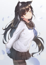 Rule 34 | 1girl, atago (azur lane), atago (school traumerei) (azur lane), atago (school traumerei) (azur lane), azur lane, black hair, black pantyhose, bow, closed mouth, commentary request, eric (tianqijiang), extra ears, from side, hair between eyes, hair bow, hair ribbon, head tilt, highres, leaning forward, long hair, long sleeves, looking at viewer, looking to the side, official alternate costume, pantyhose, petals, pleated skirt, ribbon, school uniform, serafuku, sidelocks, skirt, smile, solo, white background, wind, yellow eyes