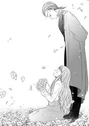 Rule 34 | 1boy, 1girl, absurdres, arms behind back, character request, coat, collared shirt, facing up, field, flower, flower field, from side, greyscale, hair pulled back, highres, holding, holding flower, long hair, looking at another, looking down, low ponytail, monochrome, on ground, pants, petals, ponytail, profile, sachinyopo, shirt, sitting, sousou no frieren, standing, very long hair, wind