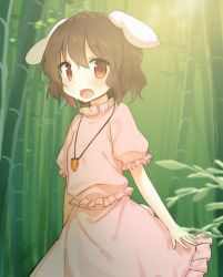Rule 34 | 1girl, animal ears, bad id, bad twitter id, bamboo, bamboo forest, black hair, blush, carrot, carrot necklace, forest, highres, inaba tewi, jewelry, light, looking at viewer, nature, necklace, open mouth, pendant, puffy sleeves, rabbit ears, rabbit girl, rabbit tail, red eyes, shirt, shnva, short hair, short sleeves, skirt, smile, solo, tail, touhou, vest