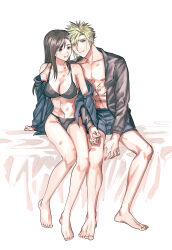 Rule 34 | 1boy, 1girl, absurdres, bare legs, bare shoulders, barefoot, bed sheet, black bra, black hair, black panties, black shirt, blonde hair, blue eyes, blush, boxers, bra, breasts, cleavage, closed mouth, cloud strife, collarbone, collared shirt, commentary request, couple, feet, final fantasy, final fantasy vii, final fantasy vii advent children, full body, heads together, hickey, highres, holding hands, interlocked fingers, large breasts, long hair, long sleeves, looking at another, male underwear, mrg2by, open clothes, open shirt, panties, parted lips, pectorals, red eyes, shirt, single sidelock, sitting, smile, spiked hair, swept bangs, tifa lockhart, toes, toned, toned male, underwear