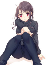 Rule 34 | 1girl, breasts, brown hair, hand on own knee, knees together feet apart, konomi (yappen), konomi (yatsu), large breasts, long hair, looking at viewer, original, outstretched arm, pants, red eyes, ribbed sweater, sitting, smile, solo, sweater, turtleneck, white background, yappen, yatsu (sasuraino)