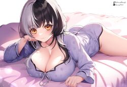 Rule 34 | :3, bed, bed sheet, black hair, blush, breasts, brown eyes, cleavage, closed mouth, collarbone, commentary request, frqz bijutsu, highres, hololive, hololive english, large breasts, long hair, long sleeves, looking at viewer, lying, on bed, on stomach, pajamas, shiori novella, sleepwear, smile, twitter username, virtual youtuber, white background