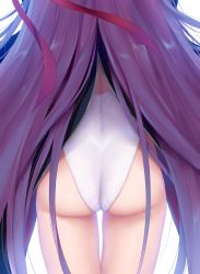 Rule 34 | 1girl, ass, ass focus, bb (fate), bb (fate/extra), bb (swimsuit mooncancer) (third ascension) (fate), commentary request, fate/grand order, fate (series), from behind, hair ribbon, highres, leotard, long hair, purple hair, red ribbon, ribbon, simple background, solo, suga hideo, thighs, very long hair, white background