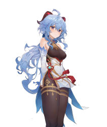Rule 34 | absurdres, ahoge, bare shoulders, bell, black legwear, blue hair, blush, breasts, chinese knot, curled horns, detached sleeves, flower knot, ganyu (genshin impact), genshin impact, gold trim, highres, horns, long hair, looking at viewer, medium breasts, multicolored eyes, neck bell, qingshu, sidelocks, solo, standing, tassel, thighlet, vision (genshin impact), white background, white sleeves