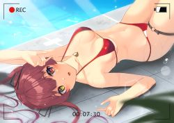 Rule 34 | 1girl, absurdres, arm up, bikini, blurry, blurry foreground, breasts, commentary request, cowboy shot, fingernails, hair ribbon, halterneck, hand up, heart, heart necklace, heterochromia, highres, hololive, houshou marine, houshou marine (summer), jewelry, long hair, looking at viewer, lying, medium breasts, mugino0515, necklace, o-ring, o-ring thigh strap, on back, parted lips, recording, red bikini, red eyes, red hair, ribbon, solo, string bikini, swimsuit, teeth, thigh strap, twintails, upper teeth only, viewfinder, virtual youtuber, wet, yellow eyes