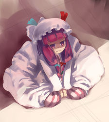 Rule 34 | 1girl, female focus, floor, from above, hat, hirosato, kneeling, patchouli knowledge, pink eyes, pink hair, sitting, sketch, solo, touhou, v arms