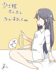 Rule 34 | 1girl, bare legs, barefoot, black hair, bottomless, commentary request, dress shirt, facebook, from side, lap, lap pillow invitation, long hair, long sleeves, patting, personification, profile, red eyes, shirt, signature, sitting, solo, translation request, tsukigi, white shirt