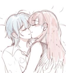 Rule 34 | 2girls, blue hair, closed eyes, closed mouth, collared shirt, commentary, english commentary, highres, hug, kiss, maybecrosswise, multiple girls, original, red hair, shirt, short hair, sleeveless, sleeveless shirt, smile, yuri