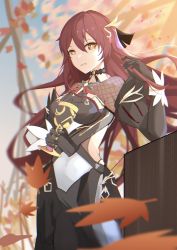 Rule 34 | 1girl, :d, absurdres, black dress, breasts, dress, eden (honkai impact), grin, hair ornament, highres, holding cup, honkai (series), honkai impact 3rd, leaf, long hair, long sleeves, looking at viewer, maple leaf, open mouth, petals, purple eyes, smile, solo, sparks summer, yellow eyes